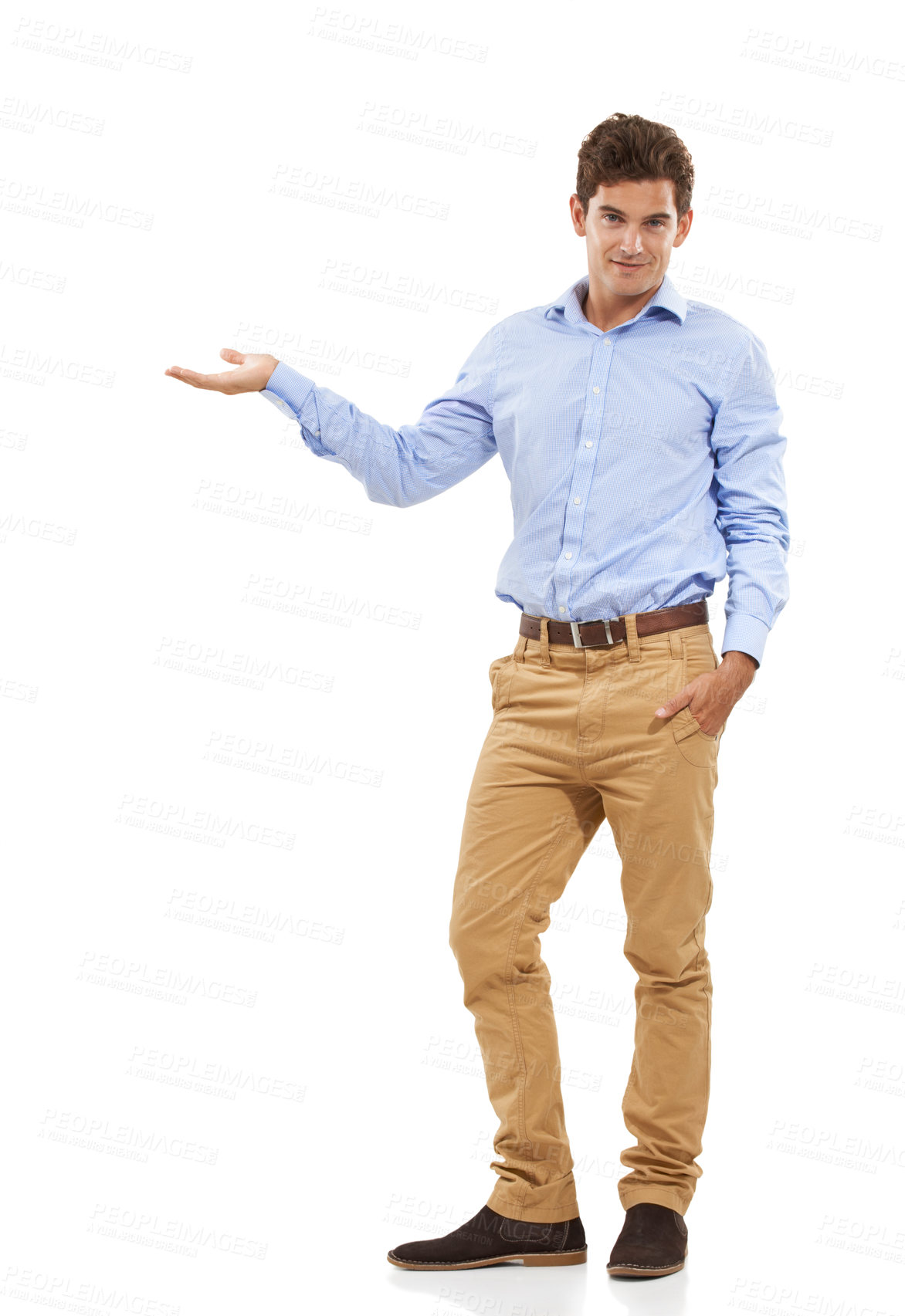 Buy stock photo Portrait, isolated and man presenting space for product placement for marketing or advertising. Mockup, hand gesture and happy model showing info for deal in studio on white background.
