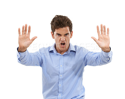 Buy stock photo Business man, hands and stop sign portrait angry, frustrated and shouting for warning. Model person isolated on a white background with hand emoji for conflict, discrimination or equality fight