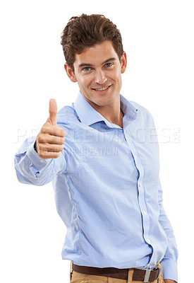 Buy stock photo Thumbs up, satisfaction or studio portrait of businessman with emoji like gesture for congratulations, job well done or winner. Consultant agreement, yes hand sign or man isolated on white background
