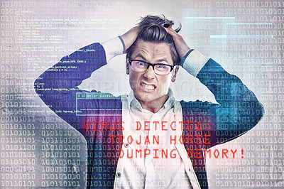 Buy stock photo Man, portrait and digital interface with virus or frustrated for security problem or trojan horse, warning or cloud computing. Male person, face and angry with technology, firewall or cyber crime