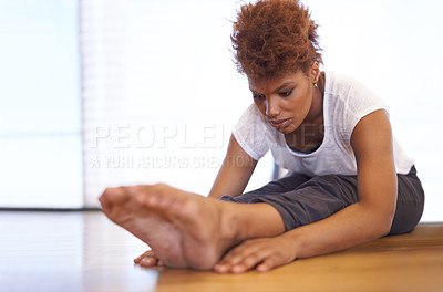Buy stock photo Dancer, woman and stretching legs on floor in class to start calm practice or rehearsal in academy. Healthy, student and exercise on ground for fitness with pilates or yoga workout in school