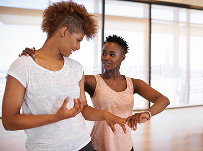 Buy stock photo Dancer, women and smile with talking in studio for advice, coaching and show steps for performance. Girl, people and happy together with conversation for art, creativity and inspiration for dancing