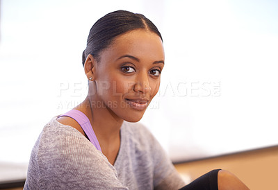 Buy stock photo Happy woman, portrait and dancer with studio for fitness, workout or indoor exercise and training. Face of active or young female person or model on break or rest after dance class or ballet practice