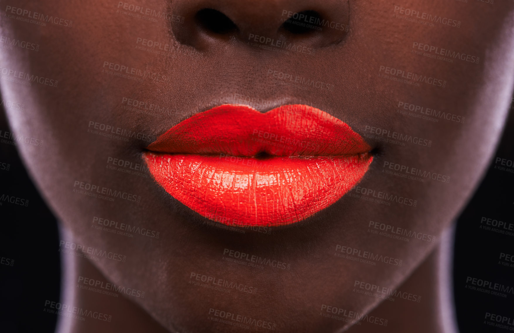 Buy stock photo Cropped view of an african woman with bright red lips