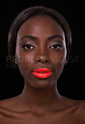 Buy stock photo Cropped portrait of an attractive young african woman with bright red lips