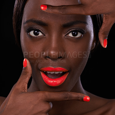 Buy stock photo Black woman, lipstick and nail polish with hands for beauty cosmetics and surprise with bright makeup on dark background. Portrait, wow and orange lip balm with manicure, frame and cosmetology