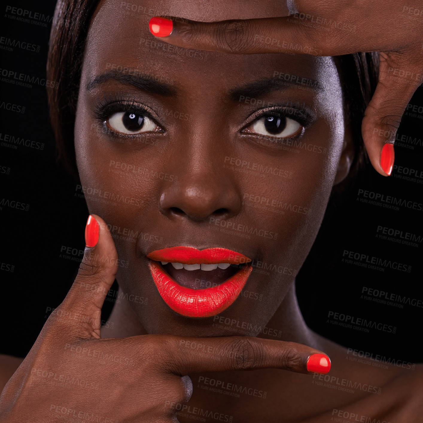 Buy stock photo Black woman, lipstick and nail polish with hands for beauty cosmetics and surprise with bright makeup on dark background. Portrait, wow and orange lip balm with manicure, frame and cosmetology