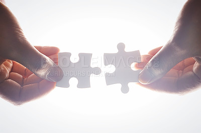 Buy stock photo Puzzle, people hands and teamwork, integration or problem solving, collaboration and solution isolated on white background. Coworking, synergy and person or partner team building, support and below