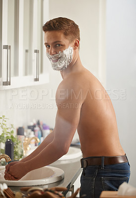 Buy stock photo Man, foam for shaving and grooming in portrait, skincare and beauty with morning routine in bathroom. Skin health, cosmetic cream or soap for hygiene, dermatology and smile at home for hair removal