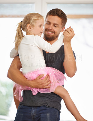 Buy stock photo Man, girl child and dancing with happiness at home, father and daughter time with love and trust. Single dad, family and bonding with rhythm and moving, playful and fun for support and relationship
