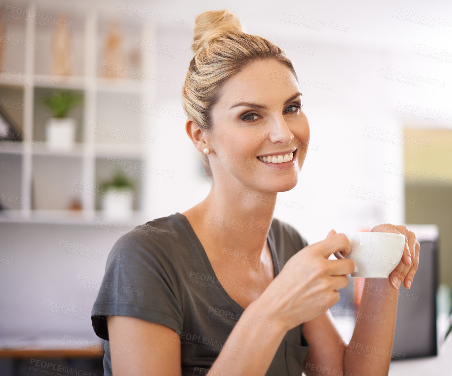 Buy stock photo Business woman, happy and coffee cup in office for break with career planning or project startup. Face or portrait of a worker, editor or writer with tea, espresso or morning drink for inspiration