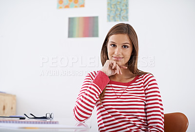 Buy stock photo Palette, office and portrait of business woman with color for planning, branding ideas and design. Creative startup, professional and person at desk with papers for project, strategy and swatches