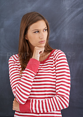 Buy stock photo Woman, teacher and tutor thinking by blackboard, education and contemplating school curriculum. Female person, ideas and problem solving in classroom, knowledge and planning for lesson at work