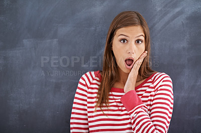 Buy stock photo Woman, teacher and shock in portrait by blackboard, wow and what for announcement on curriculum. Female person, surprise and information in classroom, knowledge and mind blown for lesson plan at work