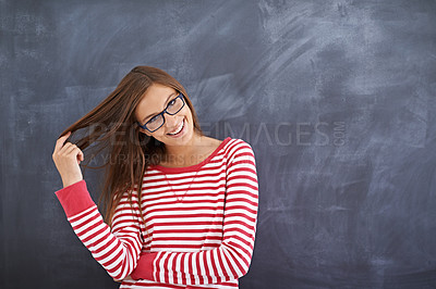 Buy stock photo Woman, teacher and confident in portrait by blackboard, education and proud of school curriculum. Female person, idea and professional in classroom, knowledge and planning for lesson in university