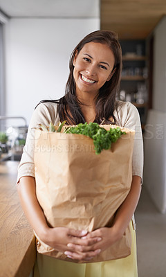 Buy stock photo Happy woman, portrait and kitchen with grocery bag for diet, natural nutrition or healthy eating at home. Face of female person or vegetarian with smile, vegetables and fruit for health and wellness