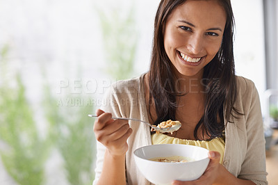 Buy stock photo Happy woman, portrait and bowl with cereal for breakfast, natural nutrition or healthy oatmeal at home. Face of young female person with smile and porridge for vitamin diet, fiber or calcium at house