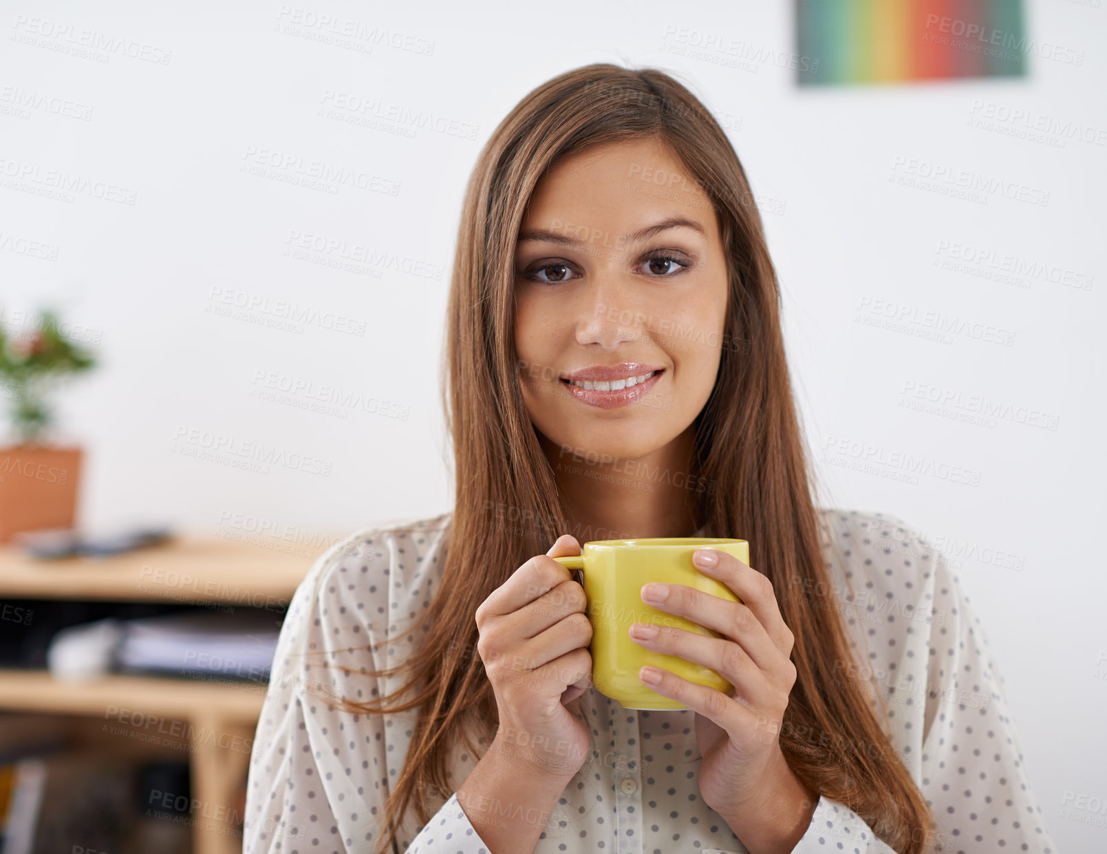 Buy stock photo Happy, portrait and woman on coffee break in office and relax with drink at desk in London. Professional, person and enjoy green tea or latte with espresso in morning at workplace for calm moment