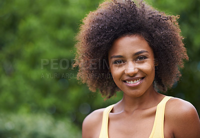 Buy stock photo Happy, smile and portrait of black woman in nature for wellness, fresh air and relaxing outdoors. Smile, joy and face of person in park, garden and countryside for holiday, vacation and weekend