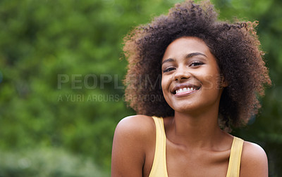 Buy stock photo Happy, confident and portrait of black woman in nature for wellness, fresh air and relaxing outdoors. Smile, joy and face of person in park, garden and countryside for holiday, vacation and weekend