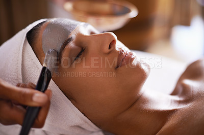 Buy stock photo Woman, relax and mask in spa for skincare, beauty and cosmetic treatment for break or peace. Young person and natural for holistic therapy for wellness, clean and hygiene with product for facial