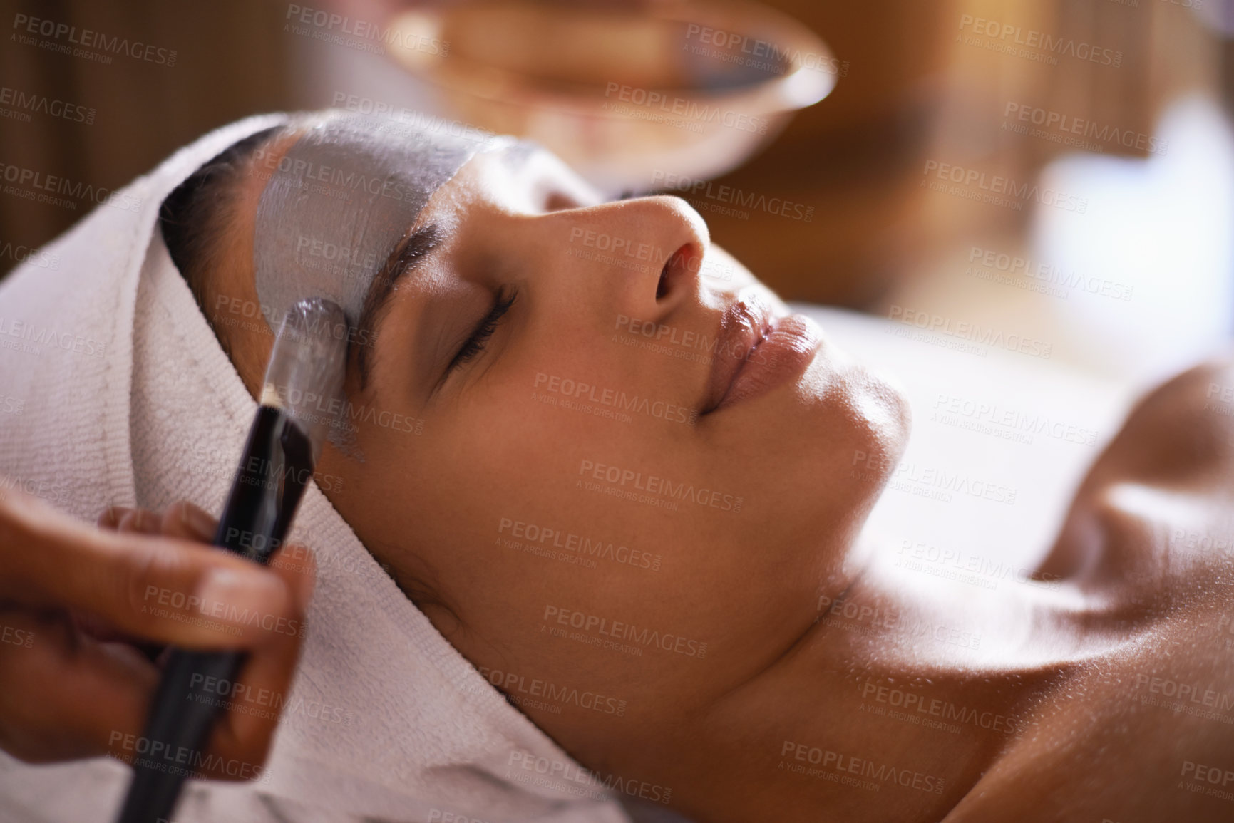 Buy stock photo Woman, relax and mask in spa for skincare, beauty and cosmetic treatment for break or peace. Young person and natural for holistic therapy for wellness, clean and hygiene with product for facial