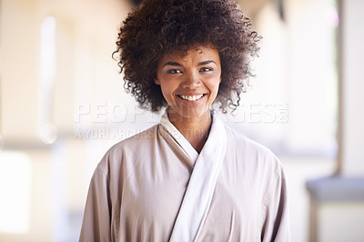 Buy stock photo Woman, smile and portrait in spa for skincare, beauty and cosmetic treatment for break or relax. African person and happy for holistic and wellness care for hygiene, clean and natural in robe 