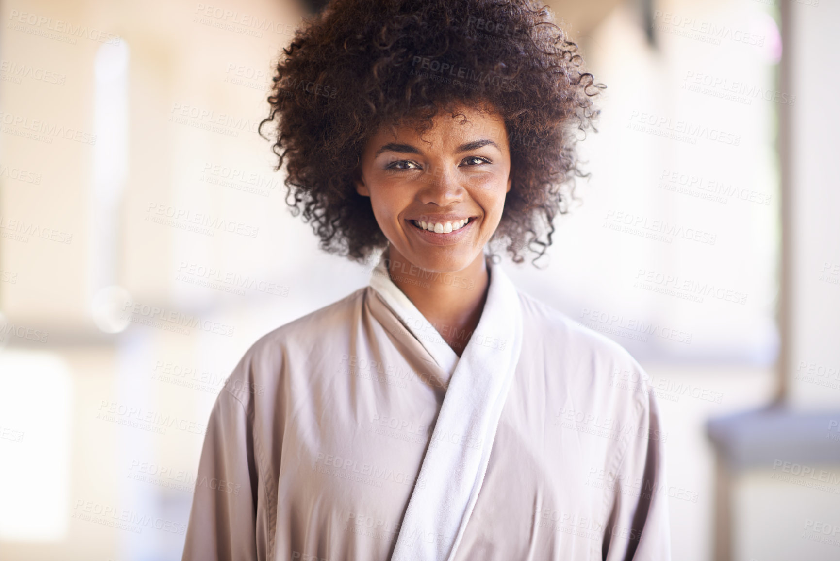 Buy stock photo Woman, smile and portrait in spa for skincare, beauty and cosmetic treatment for break or relax. African person and happy for holistic and wellness care for hygiene, clean and natural in robe 