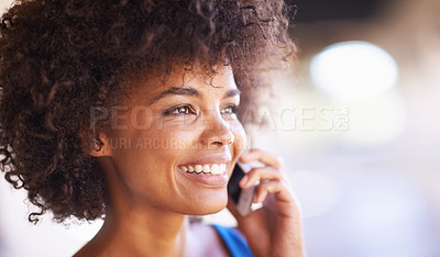 Buy stock photo Woman, phone call and smile for networking outdoors, internet and app for communication in city. Female person, happy and internet for contact, connection and conversation on weekend trip to Brazil
