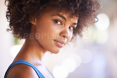 Buy stock photo Confident, portrait and black woman outdoor with beauty or natural glow on skin from dermatology. African, girl and healthy skincare on face and hair care from cosmetics in summer with mockup space