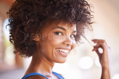 Buy stock photo Woman, portrait and happiness in hair care with bokeh, natural beauty and collagen treatment with confidence. African person, face and smile with afro hairstyle, wellness or lens flare in Amsterdam