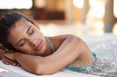 Buy stock photo Happy woman, sleeping and relax with jacuzzi for break, holiday getaway or stress relief at hotel, resort or spa. Face of young female person asleep with smile for hot tub, pool or peace on vacation