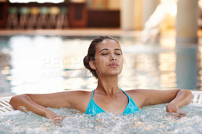 Buy stock photo Woman, face or relax in jacuzzi at spa for luxury vacation, summer holiday or resort on weekend. Tourist, girl and confidence with rest in swimming pool for sun tan, fun getaway or wellness in bikini