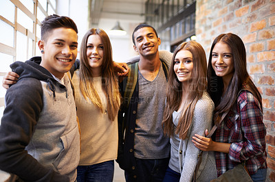 Buy stock photo University, friends and portrait of people on campus ready to study, friendship and learning together. Education, scholarship and happy men and women students smile for school, academy and college
