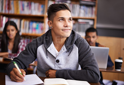 Buy stock photo Thinking, writing and college with man in library for education, research and classroom quiz. Focus, learning and notebook with male student on university campus for study, scholarship or idea