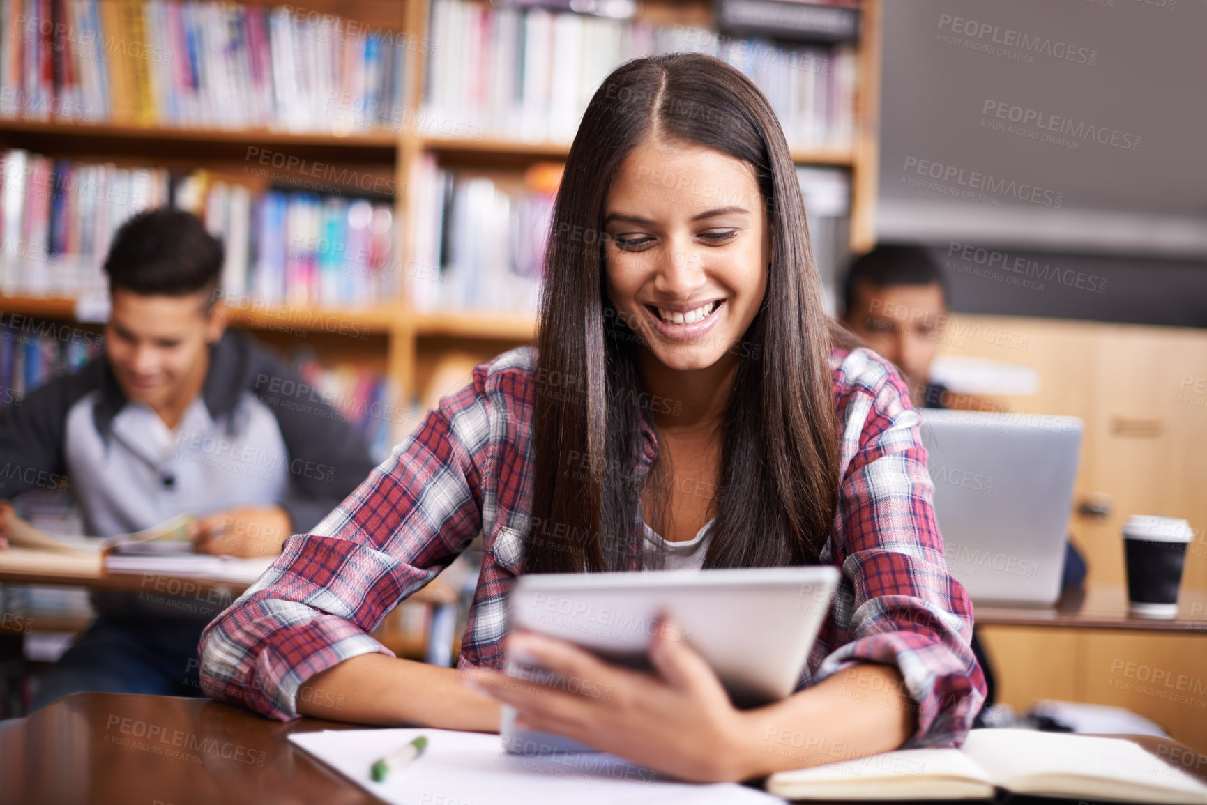 Buy stock photo University, tablet and woman in school library for online research, studying and learning. Education, college academy and happy female student on digital tech for knowledge, internet and website