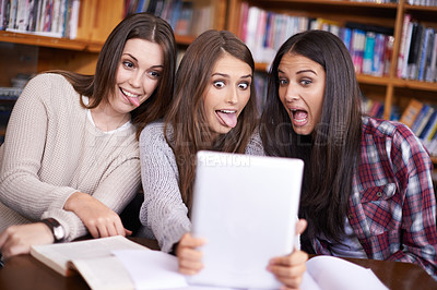 Buy stock photo Women, students or tablet selfie on university campus or bonding together for crazy update on social media. Learners, touchscreen or post online as goofy friends or solidarity with care in library