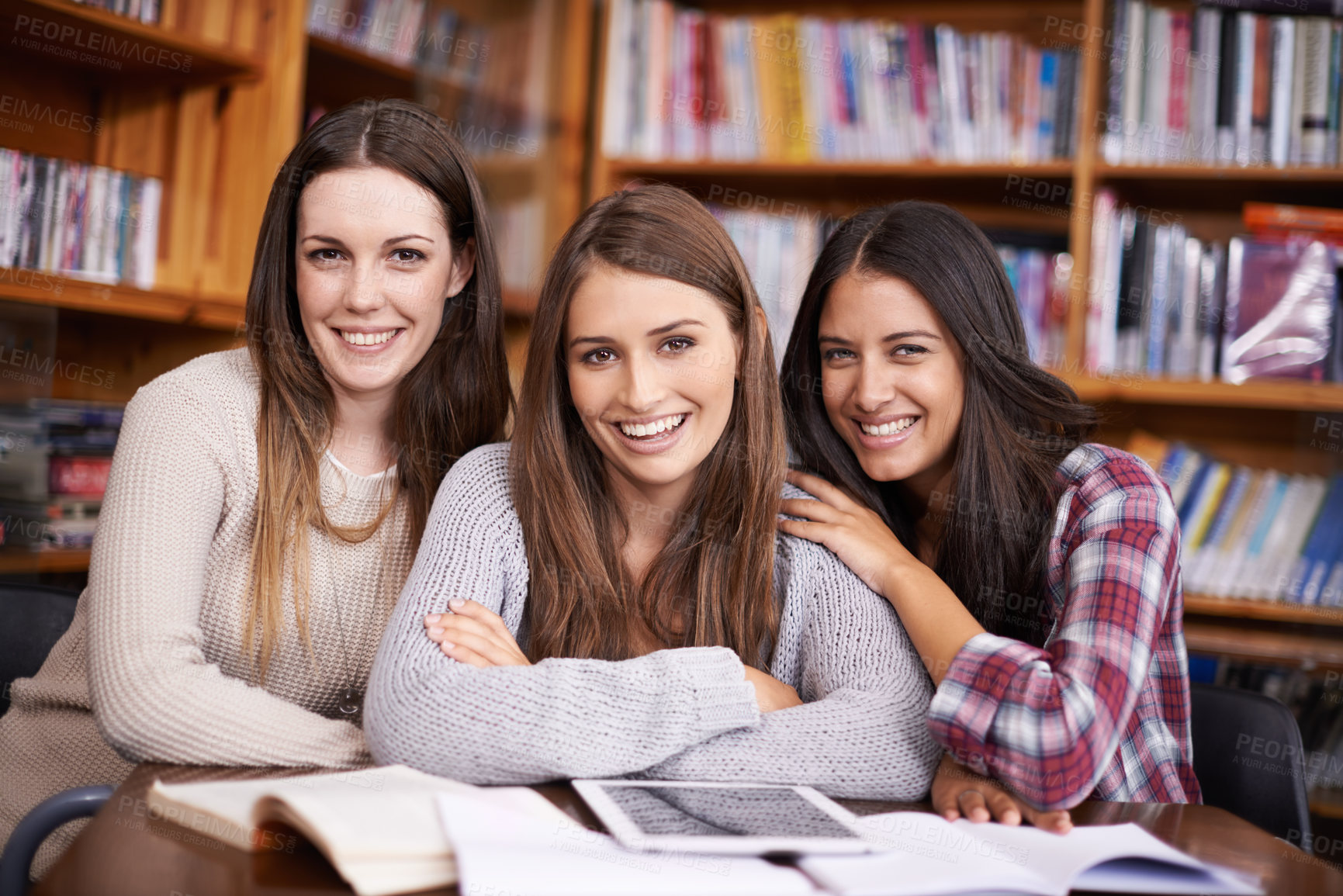 Buy stock photo University, friends and portrait of women in library for online research, studying and learning. Education, academy and happy female students with books for knowledge, internet and school project