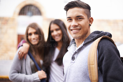 Buy stock photo Education, university and portrait of man on campus ready for studying, education and learning together. Diversity, scholarship and happy male and women students smile for school, academy and college