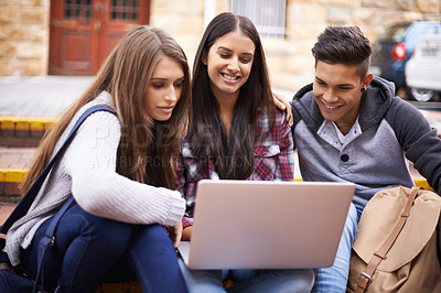 Buy stock photo Students with laptop on campus steps, research and online education in college with diversity. Learning, studying and happy friends at university with smile, internet project and future opportunity.