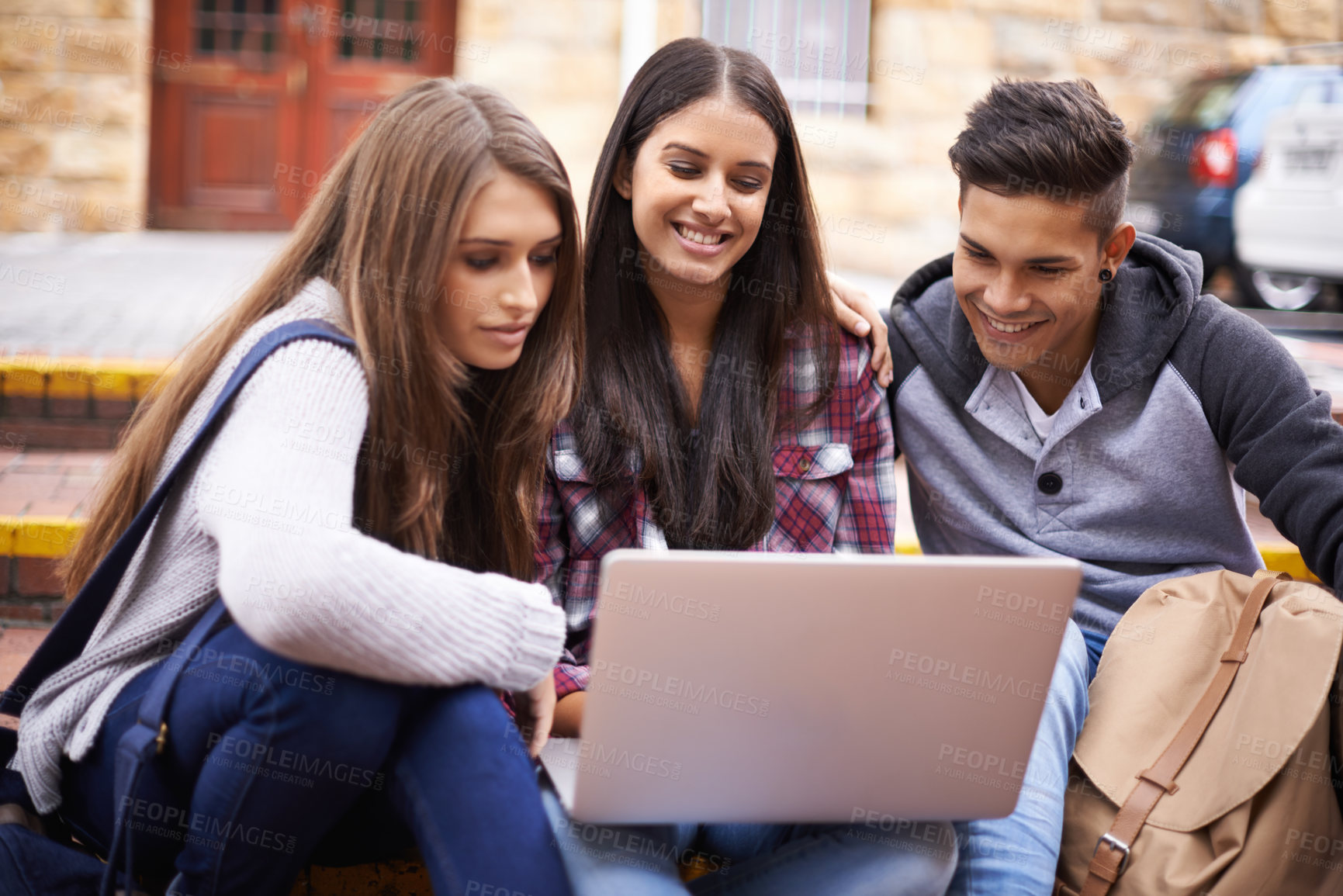 Buy stock photo Students with laptop on campus steps, research and online education in college with diversity. Learning, studying and happy friends at university with smile, internet project and future opportunity.