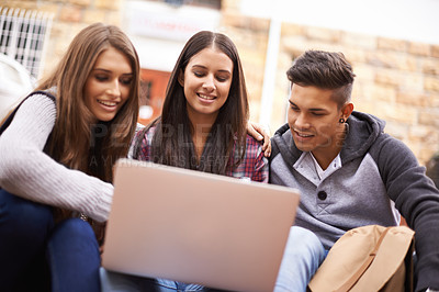 Buy stock photo Students with laptop, group project on campus steps and online education in college with diversity. Learning, studying and happy friends at university, internet research and sharing social media post