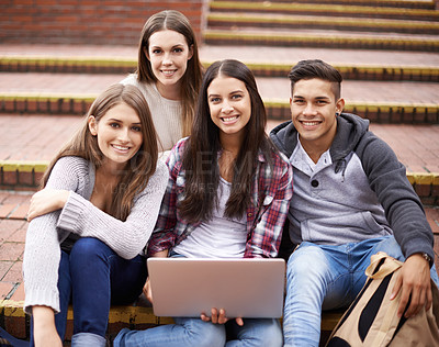 Buy stock photo University, laptop and portrait of students on campus for studying, learning and research for group project. Friends, education and man and women students on computer for school, academy and college
