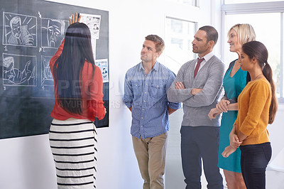 Buy stock photo Creative woman, planning and team with chalkboard for storyboard, development or meeting at office. Female person or group of employees in discussion for project, production or startup at workplace