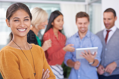 Buy stock photo Happy woman, portrait and creative team with tablet for meeting, planning or brainstorming in leadership at office. Female person with smile in confidence, startup mentorship or project on technology