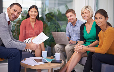 Buy stock photo Creative business, portrait and team with documents in meeting for collaboration, planning or finance at office. Group of happy employees with smile or paperwork for financial startup at workplace