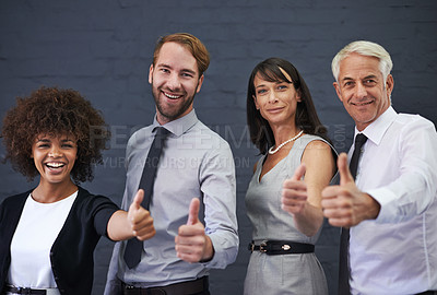 Buy stock photo Business people, yes and thumbs up in studio portrait for success, diversity and achievement with thank you emoji. Professional team and mature boss with like, yes and support on a wall background