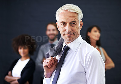 Buy stock photo Mature businessman, portrait and smile for career, studio and manager on wall background. Happy male person, professional and proud of teamwork collaboration, leadership and CEO for startup company