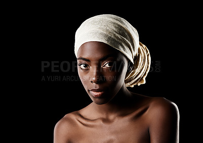 Buy stock photo Beauty, portrait and black woman with head wrap, natural makeup or creative aesthetic in studio mockup. Art, skincare and African girl on dark background with scarf, facial cosmetics and confidence.