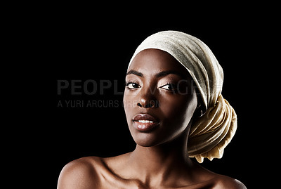 Buy stock photo Beauty, portrait and black woman with head scarf, natural makeup or creative aesthetic in studio mockup. Art, skincare and African girl on dark background with facial cosmetics, culture or confidence